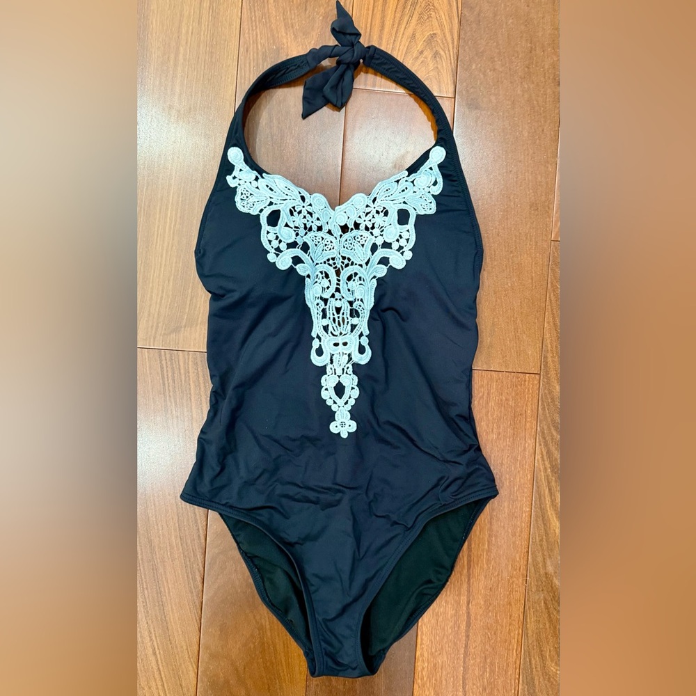 Black Swimsuit with White Lace Detail